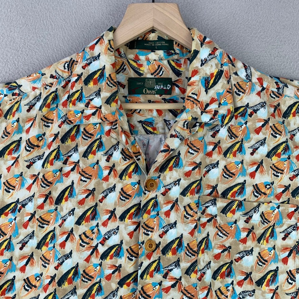 Orvis Men's Beige Multi-Color Printed Short-Sleeve Button Down Shirt